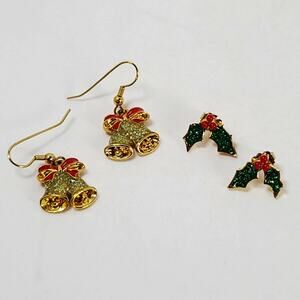 Vintage Christmas Gold Tone Earrings 2 Pair Silver Bells and Holly Berries